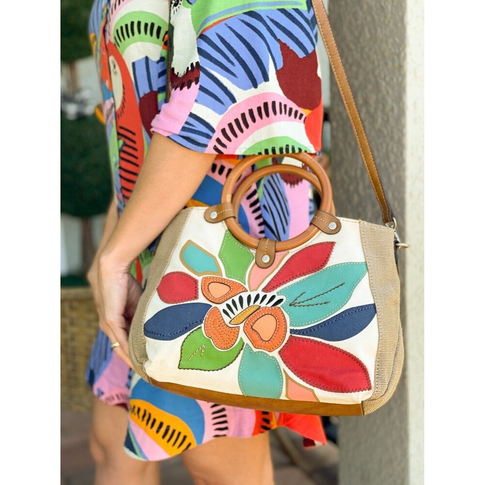 Relic Brand Convertible Shoulder Bag Wood Handles Floral Boho Patchwork Canvas